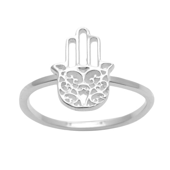 Sterling Silver Filigree Cut-Out Hamsa Fatima Hand Ring - Thin Band