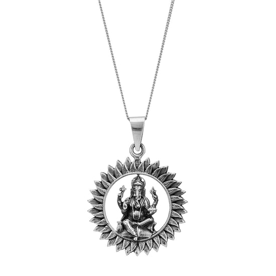Sterling Silver Lord Ganesha Sun Mandala Pendant - Sitting Idol Necklace