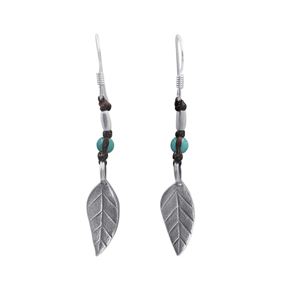 Hill Tribe Silver Leaf Drop Earrings With Turquoise Beads