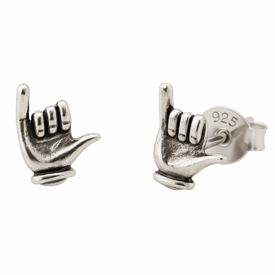 Sterling Silver Shaka Hand Sign Stud Earrings – Surfer Style Studs