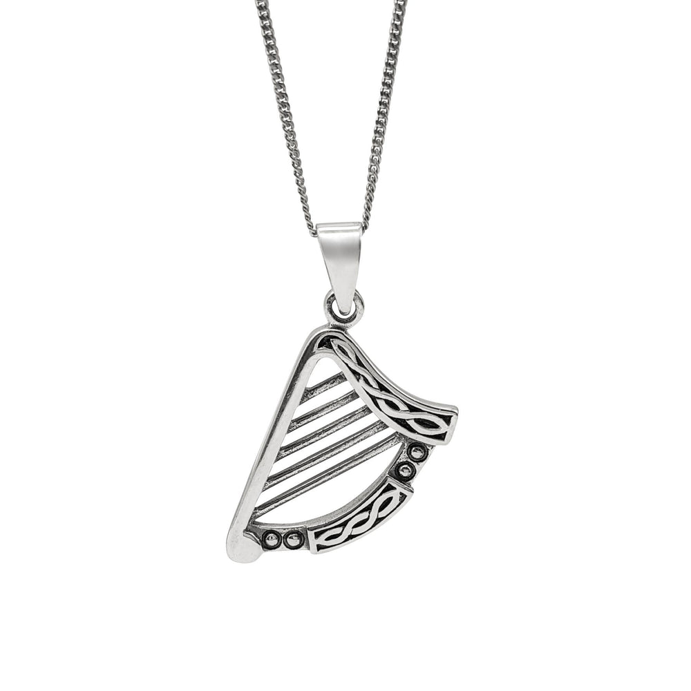 Sterling Silver Large Celtic Irish Harp Pendant Necklace w/ Curb Chain