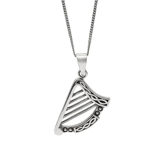 Sterling Silver Irish Harp Pendant - Celtic Knot Necklace