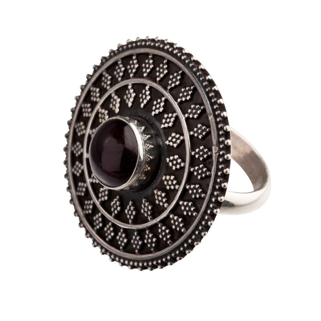 Sterling Garnet Rawa Work Round Disc Statement Ring
