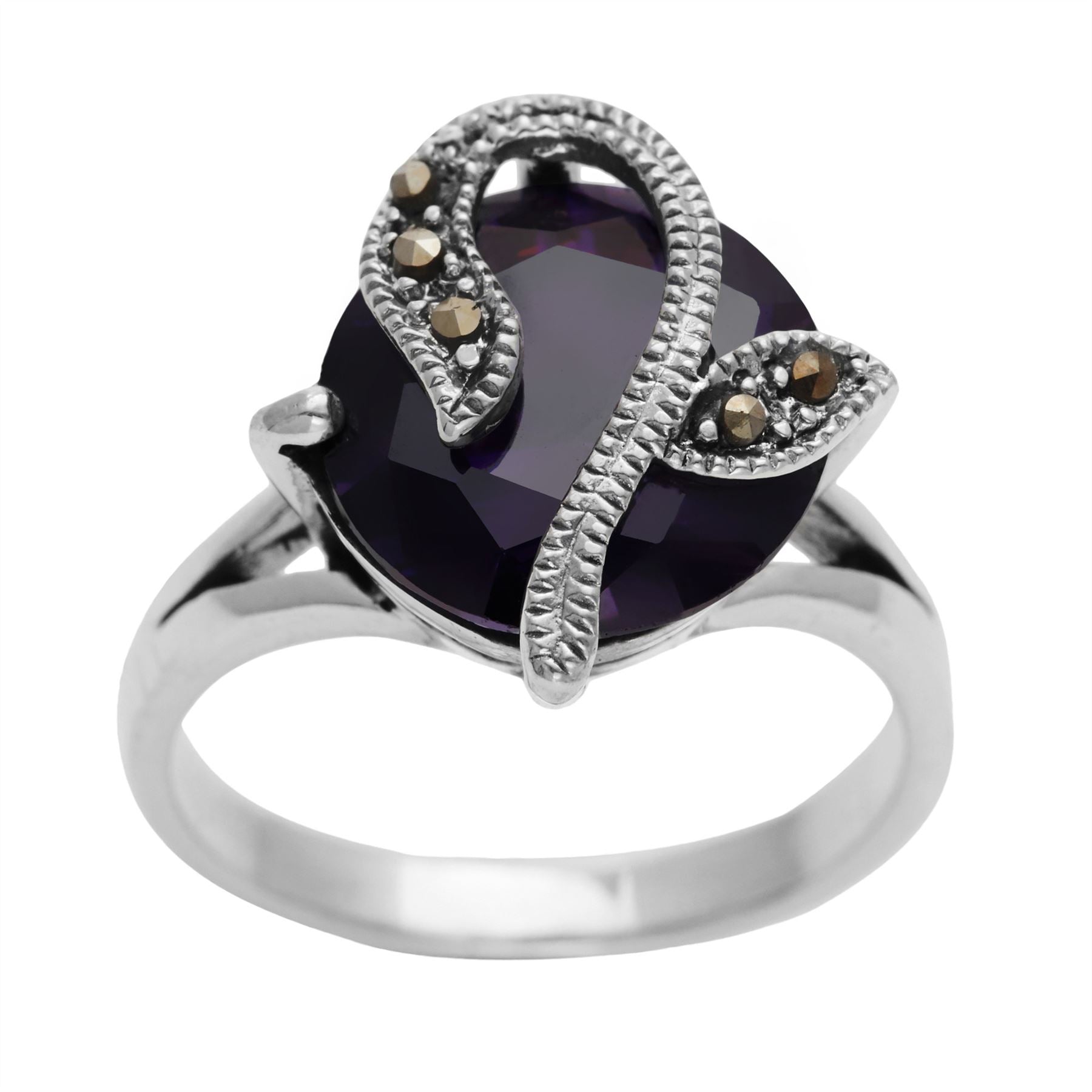 Sterling Silver Marcasite Round Cubic Zirconia Art Nouveau Solitaire Ring