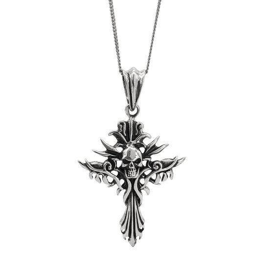 Sterling Silver Large Gothic Fire Skull Cross Pendant - Biker Necklace
