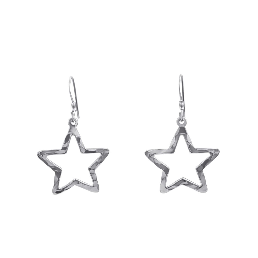 Sterling Silver Large Flat Open Star Dangle Earrings Hammered Jewellery