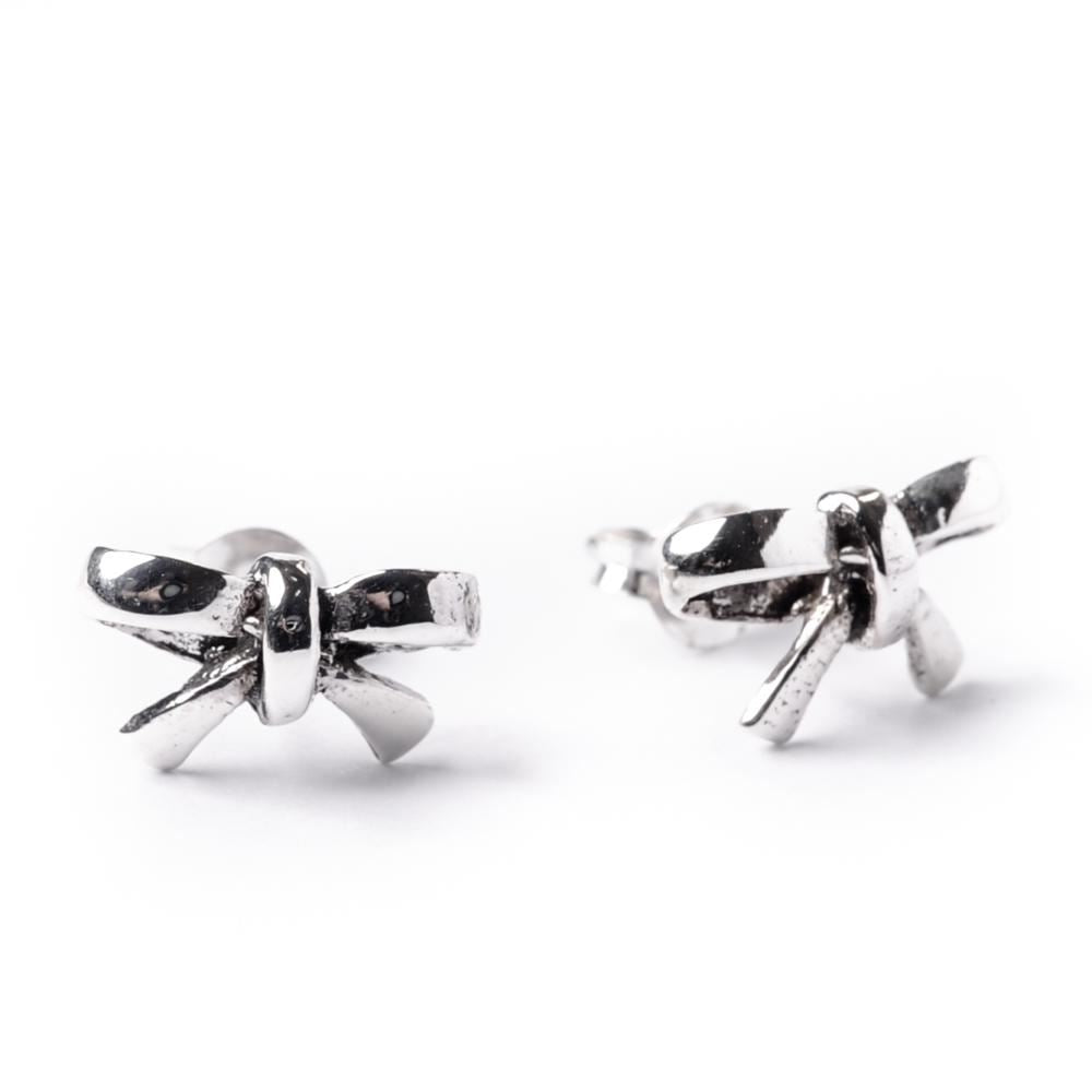 Sterling Silver Ribbon Bow Small Stud Earrings