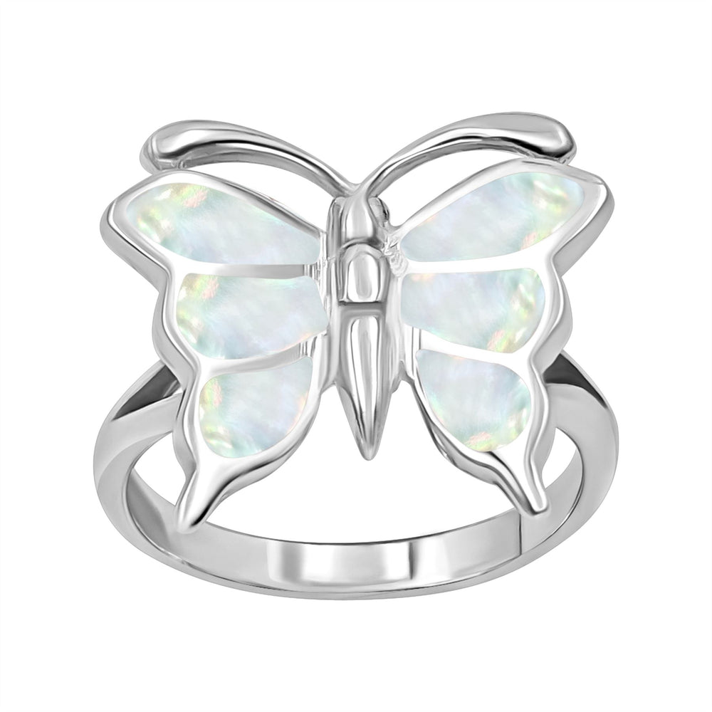 Sterling Silver Mother of Pearl Butterfly Ring - Statement Band Design