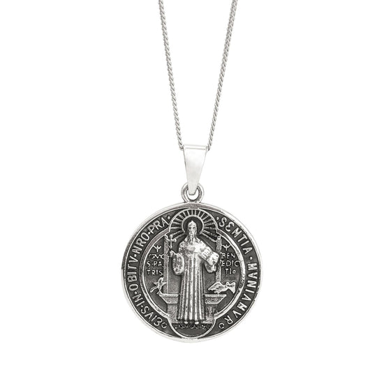 Sterling Silver Large Round St Benedict Medallion Necklace - Saint Coin Pendant