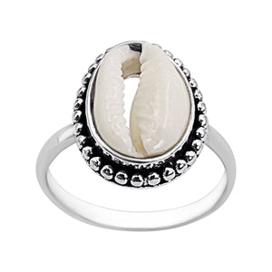 
                  
                    Sterling Silver Natural Cowrie Shell Ring - Bali Style Dotwork Design
                  
                