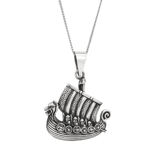 Sterling Silver Large Viking Dragon Ship Necklace - Norse Longship Pendant