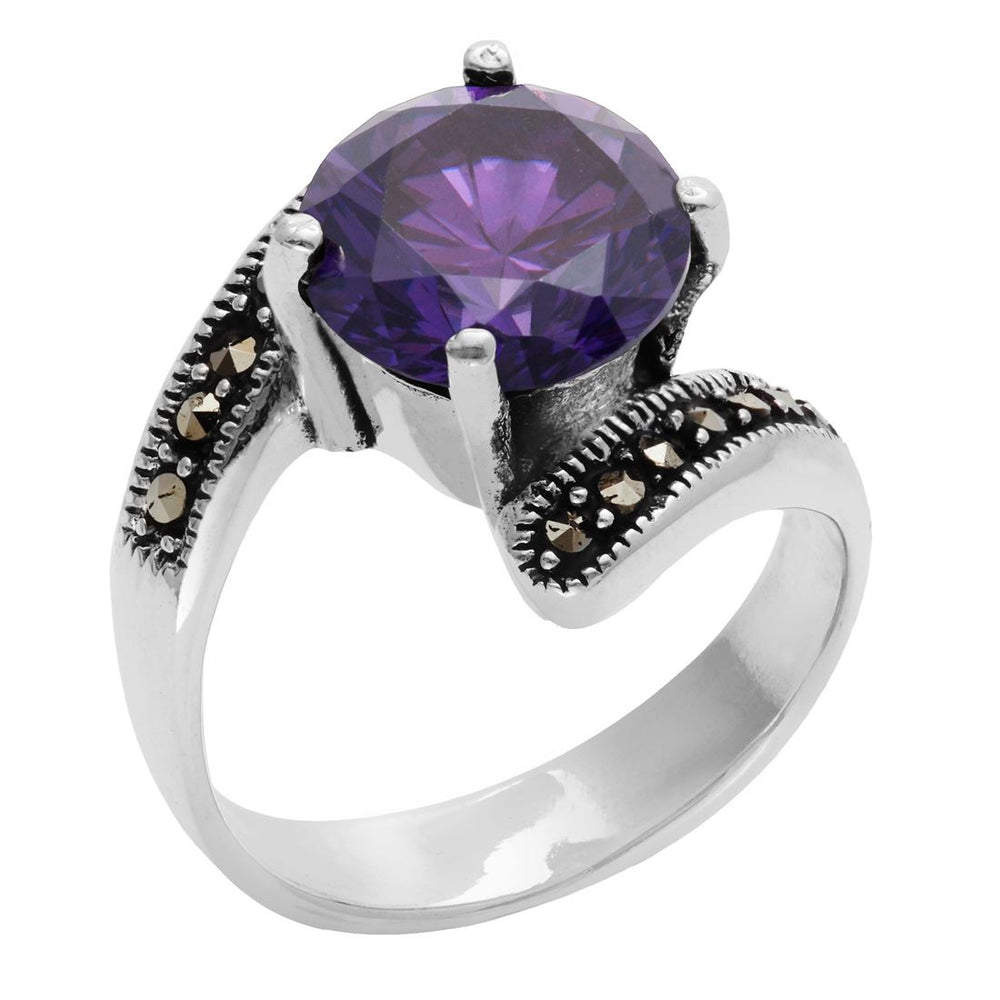 Sterling Silver Marcasite Purple CZ Round Cut Bypass Ring