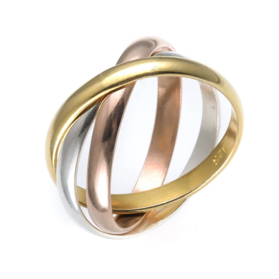 
                    
                      Close-up of three tone Russian wedding ring — rose gold and yellow gold plated sterling silver
                    
                  