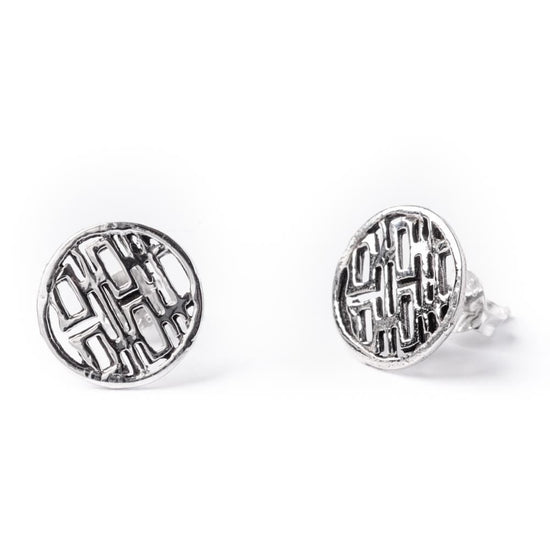 Sterling Silver Round Double Happiness Stud Earrings - Chinese Feng Shui Symbol