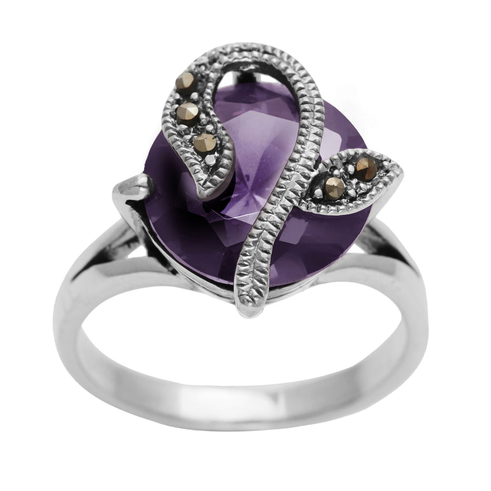 Sterling Silver Marcasite Purple Round CZ Flower Ring