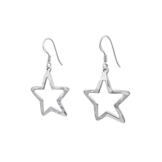 Sterling Silver Large Flat Open Star Dangle Earrings Hammered Jewellery