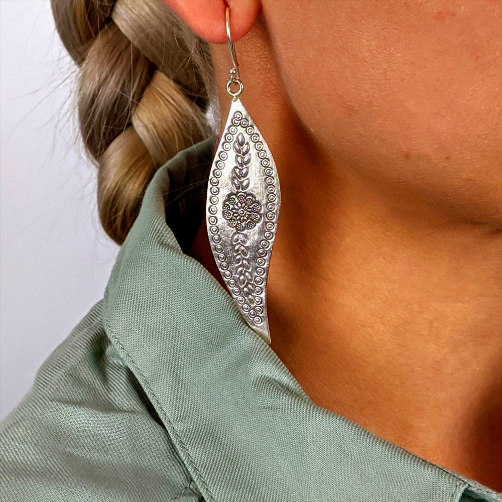 
                  
                    Karen Hill Tribe Silver Flower Motif Leaf Shaped Drop Earrings
                  
                