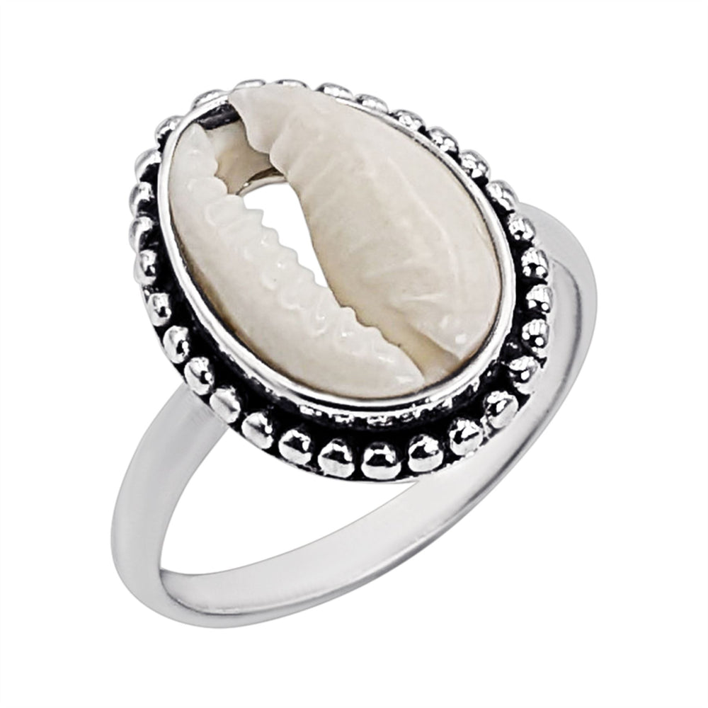 Sterling Silver Natural Cowrie Shell Ring - Bali Style Dotwork Design