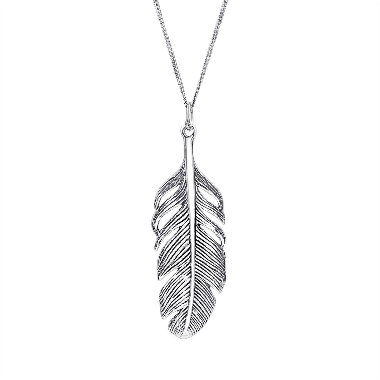 Sterling silver feather pendant necklace — 46mm textured feather pendant on a long curb chain