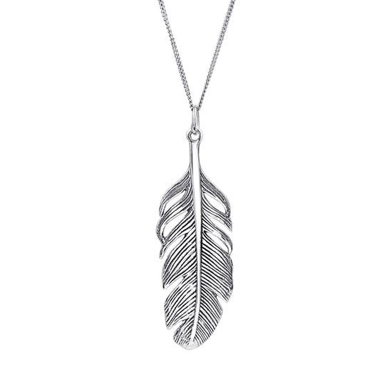 Sterling silver feather pendant necklace — 46mm textured feather pendant on a long curb chain