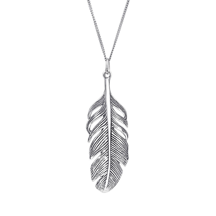 Sterling silver feather pendant necklace — 46mm textured feather pendant on a long curb chain