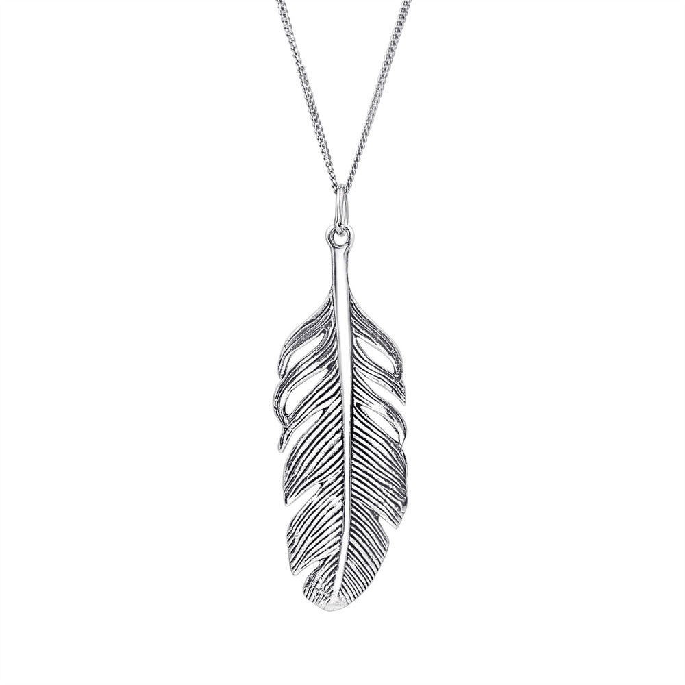 Sterling Silver Extra Large Feather Pendant Necklace With Curb Chain