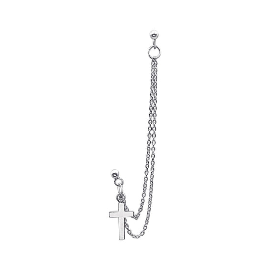 Sterling Silver Cross Double Piercing Cable Chain Ball Stud Earring