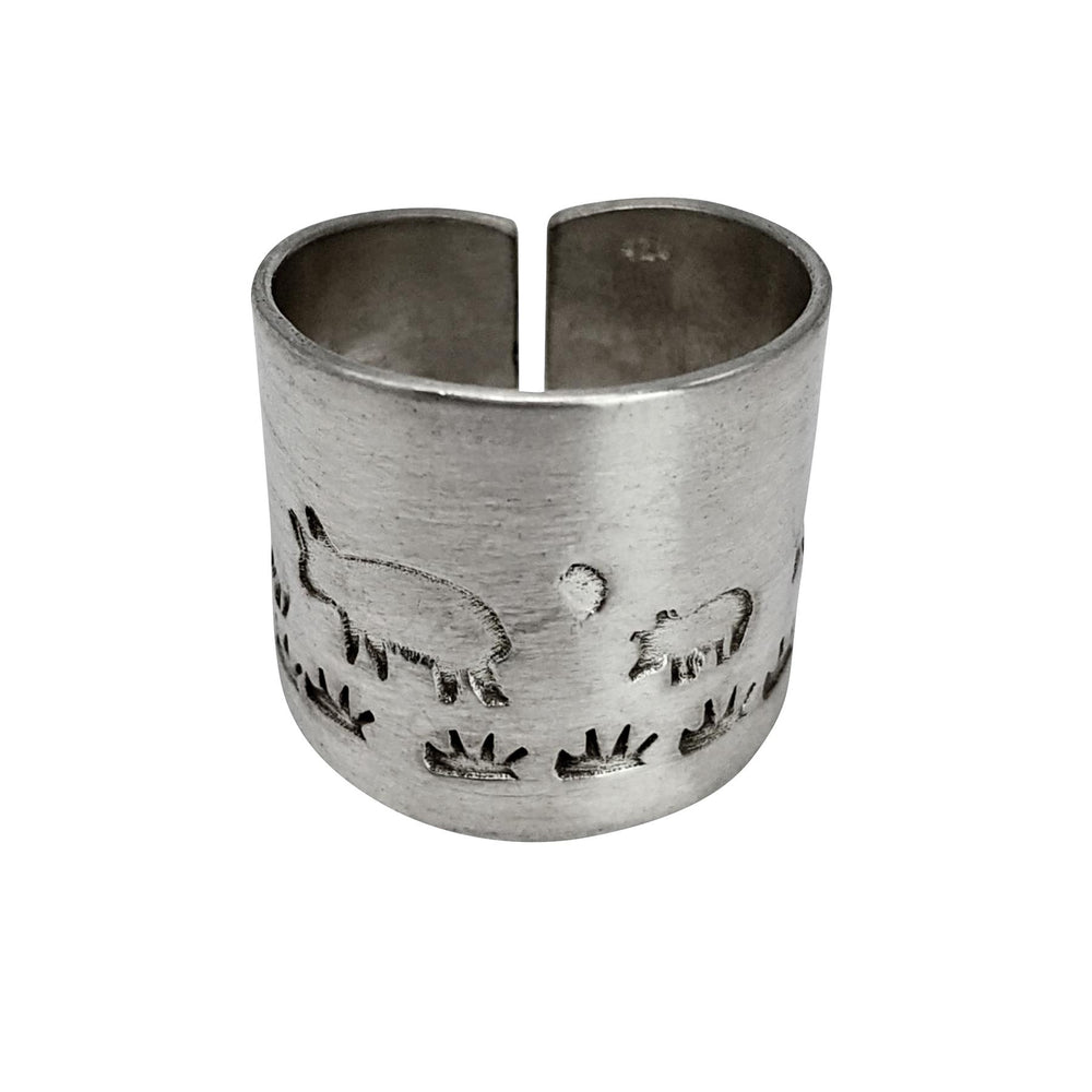 Hill Tribe Silver Wide Band Farm Animal Landscape Adjustable Ring
