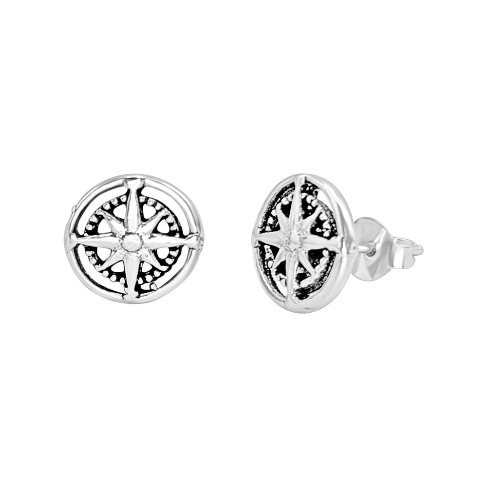 Sterling Silver Round Compass Stud Earrings - Nautical Style