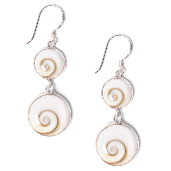 Sterling Silver Graduated Round Shiva Eye Shell Dangle Earrings - Double Circle