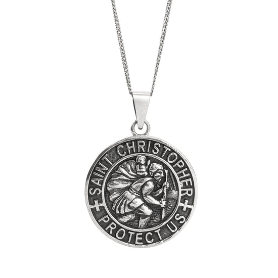 Sterling Silver Large St Christopher Medallion Necklace - Heavy Saint Pendant