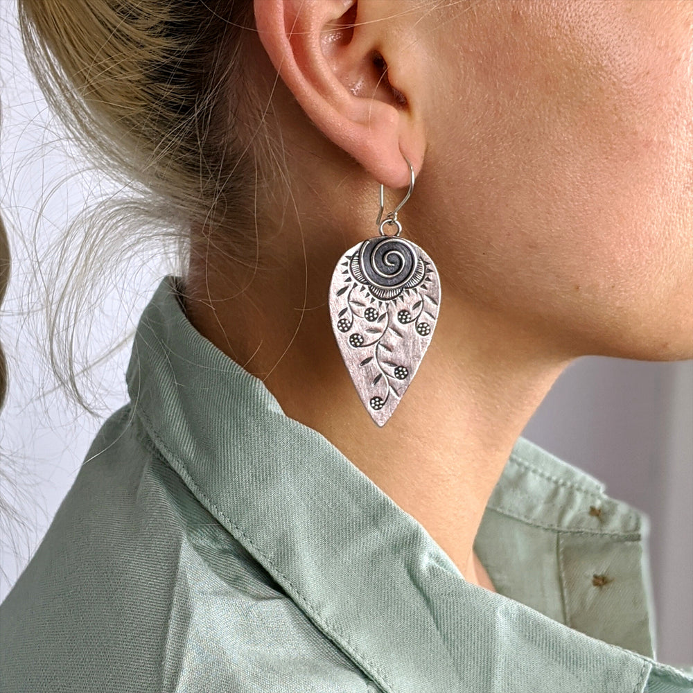 
                  
                    Karen Hill Tribe Silver Flower Engraved Leaf Dangle Earrings
                  
                