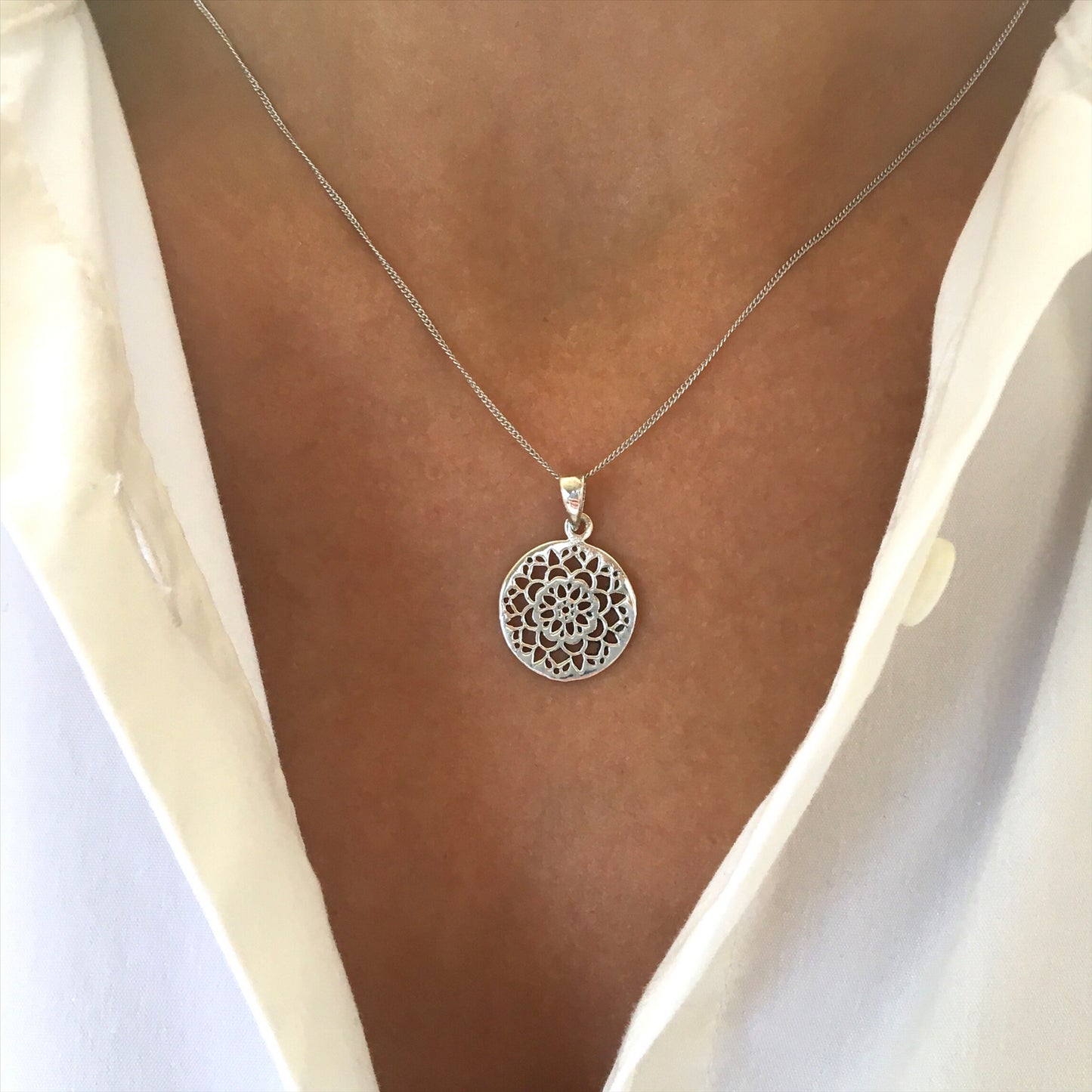 
                  
                    Sterling Silver Filigree Flower Circle Pendant Necklace
                  
                