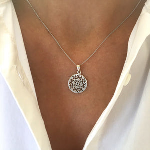 
                  
                    Sterling Silver Filigree Flower Circle Pendant Necklace
                  
                