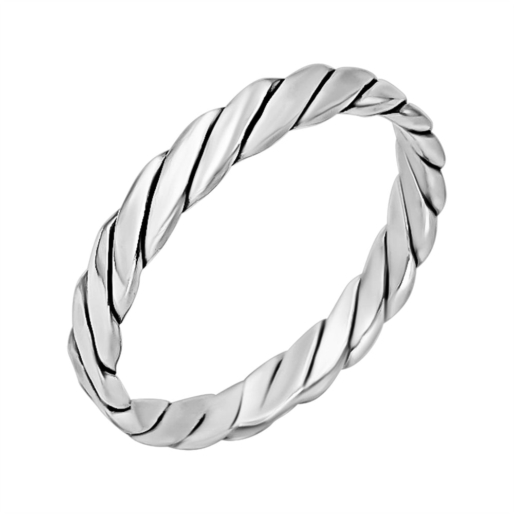 Sterling Silver Flat Twisted Rope Ring - Minimalist Plain Band Design