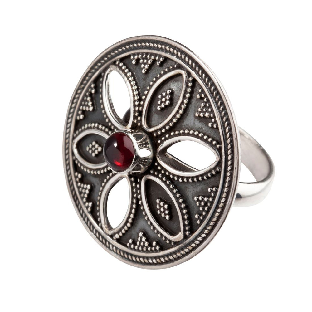 Sterling Silver Oxidised Garnet Dot Work Flower Round Disc Tribal Ring