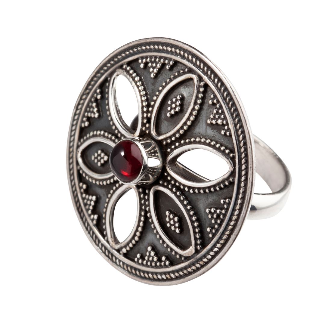 Sterling Garnet Flower Rawa Work Round Disc Statement Ring