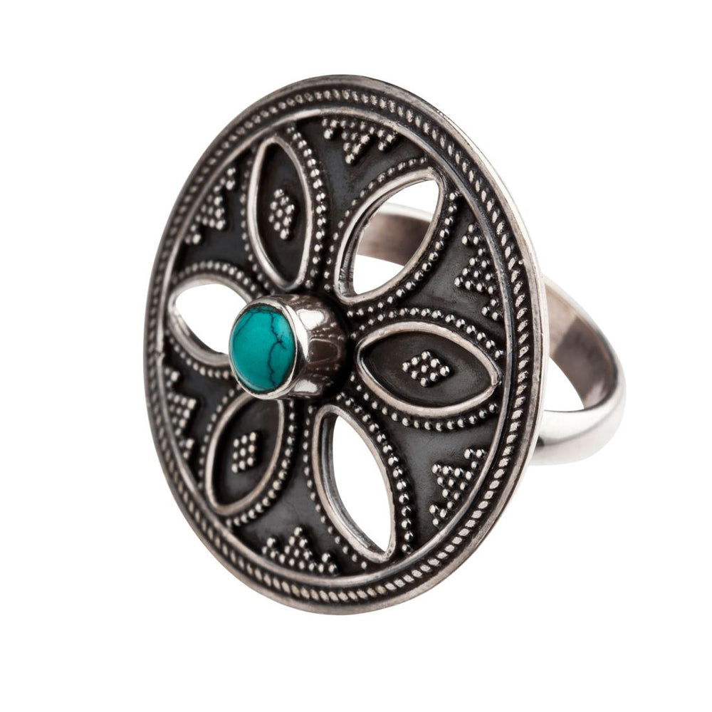 Sterling Silver Oxidised Turquoise Dot Work Flower Round Disc Ring