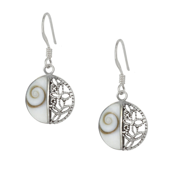 Sterling Silver Round Shiva Eye Shell Flower Filigree Disc Dangle Earrings