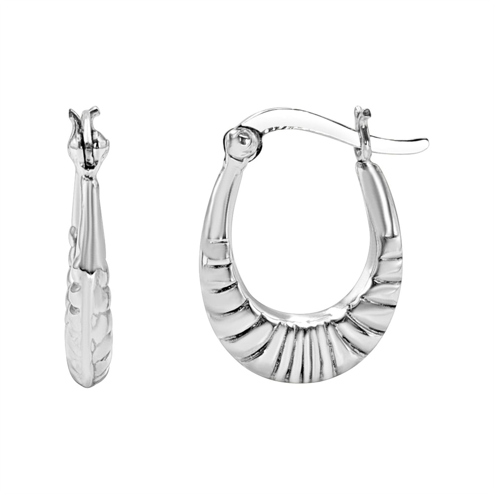 Sterling Silver Oval Croissant Hoop Earrings - 20mm Ribbed Hoops