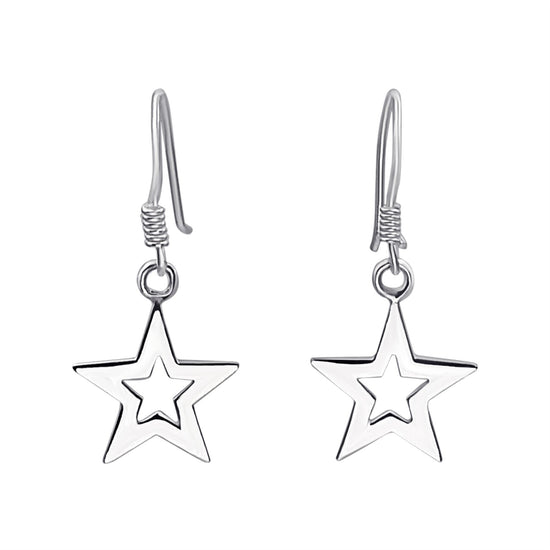 Sterling Silver Open Star Dangle Earrings - Celestial Style