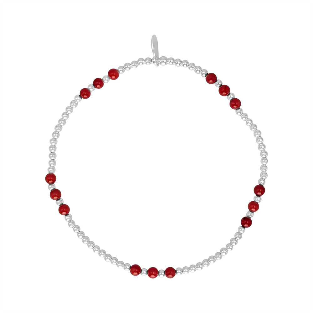 Sterling Silver Coral Gemstone Stretch Bracelet - Red Beaded Design