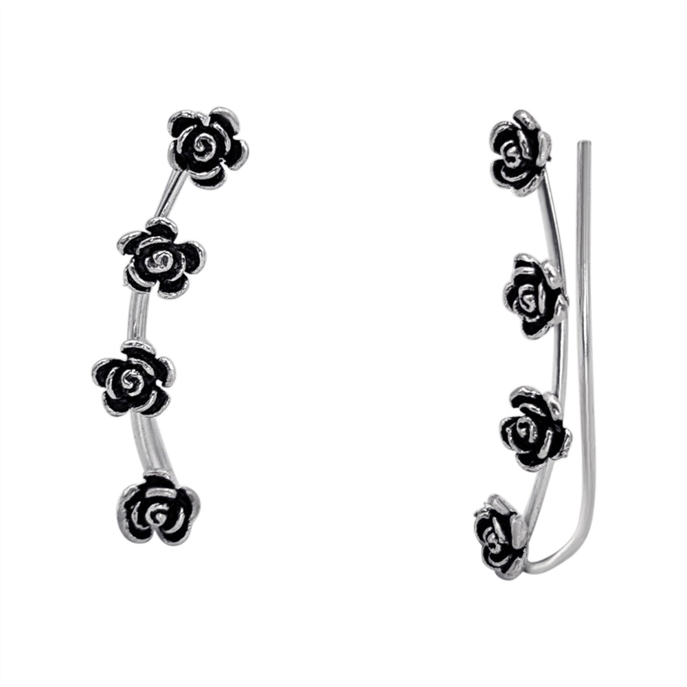 Sterling Silver Gothic Rose Climber Earrings - Floral Ear Climbers