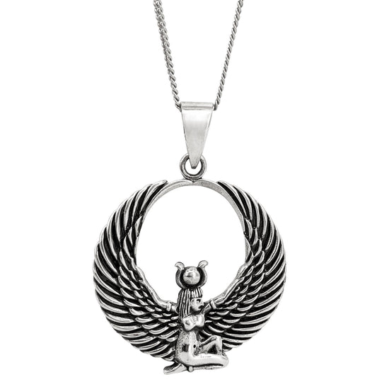 Sterling Silver Winged Isis Medallion Pendant - Egyptian Goddess Necklace