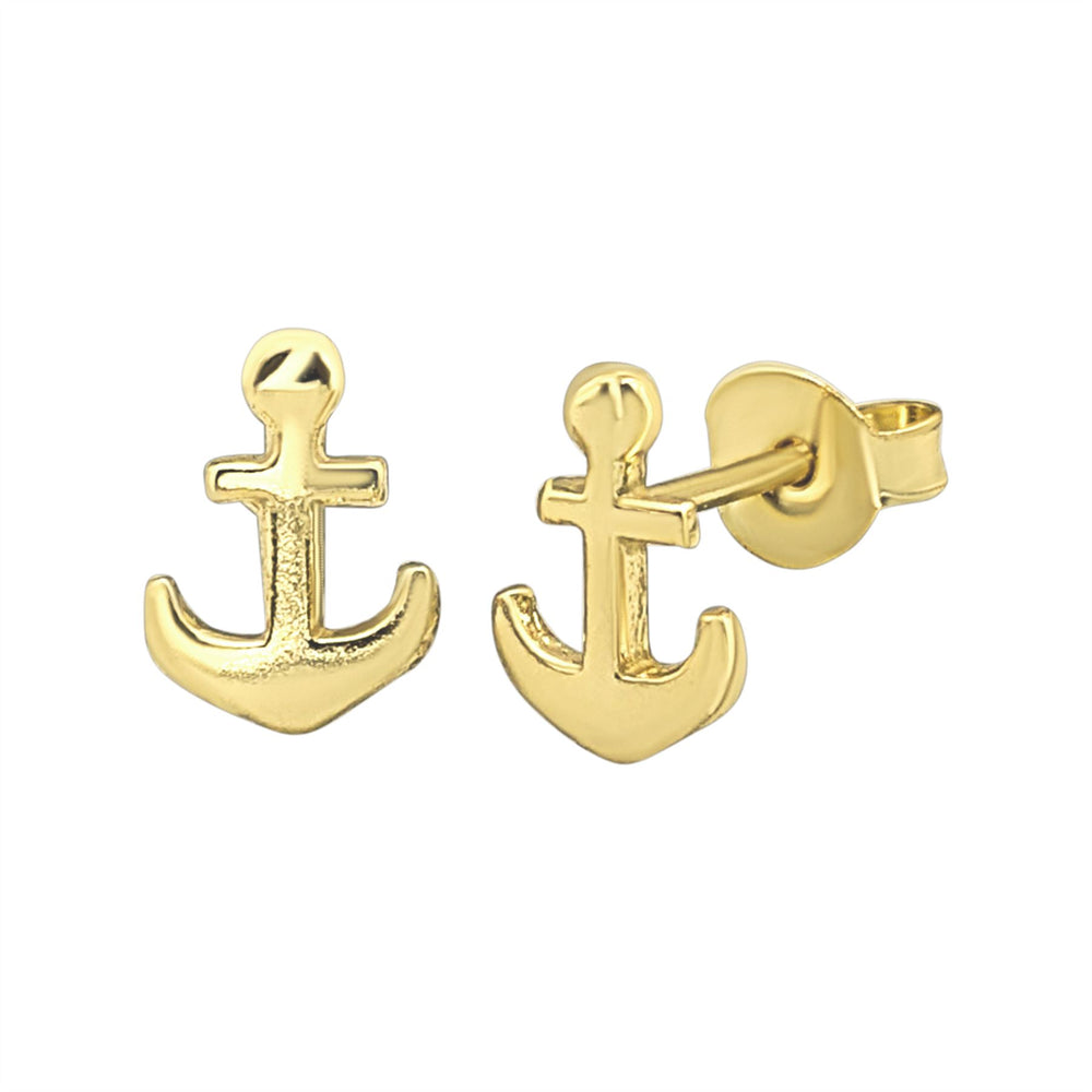 Gold Plated Sterling Silver Navy Anchor Studs - Nautical Stud Earrings