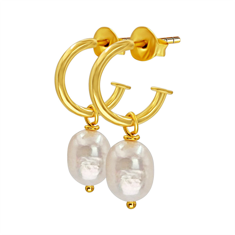 Gold-Plated Silver Real Pearl Hoop Earrings - Elegant Drop Earrings