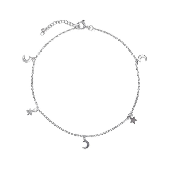 Sterling Silver Moon and Star Charm Anklet - Celestial Ankle Bracelet