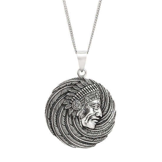 Sterling Silver Native American Chief Pendant - Large Medallion Necklace
