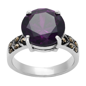 
                  
                    Sterling Silver Marcasite Solitaire Purple Round CZ Ring
                  
                