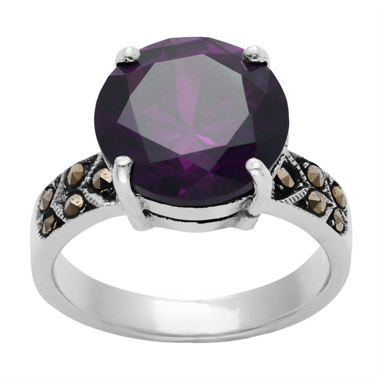 Sterling Silver Marcasite Solitaire Purple Round CZ Ring